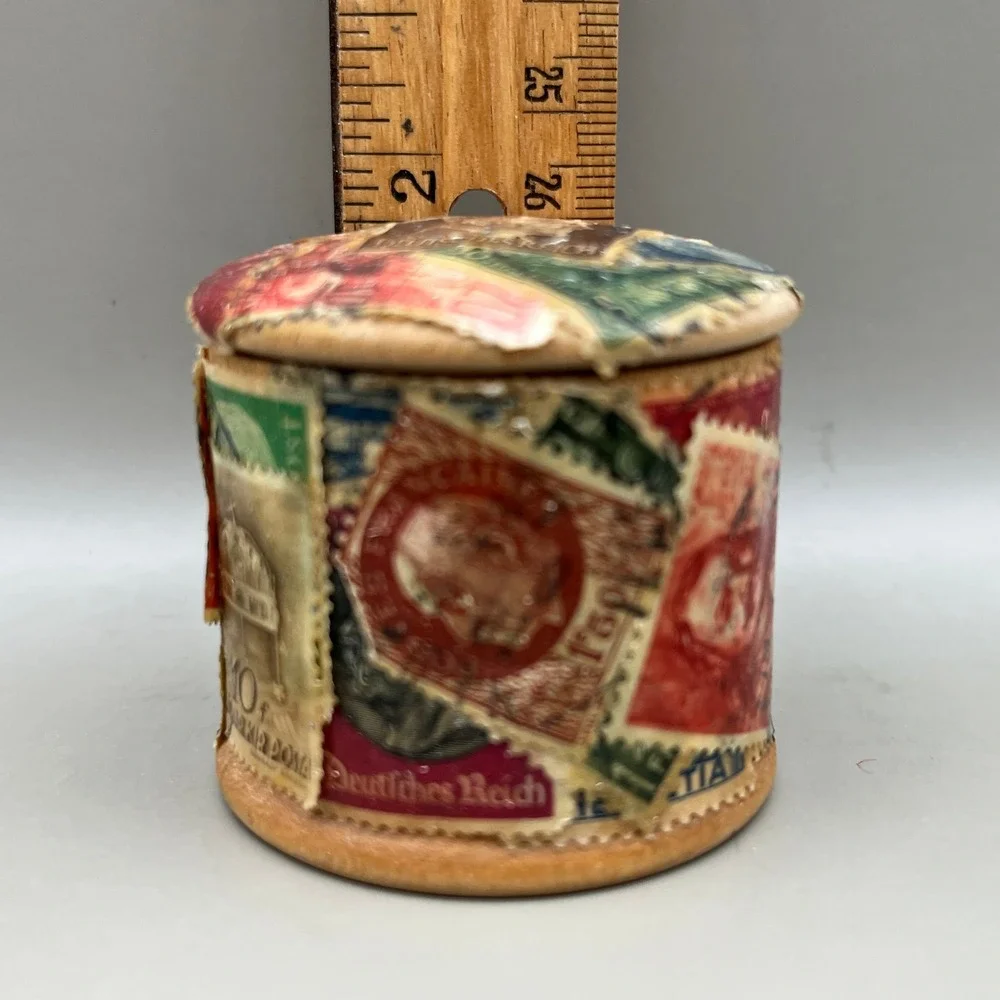 Vtg Decoupage Wooden Stamp Box International Philately Folk Art Trinket Jar 2